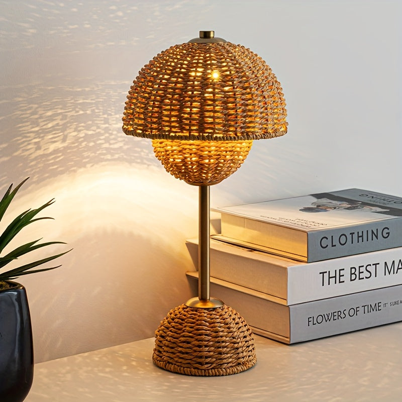 Dimmable Table Lamp with Woven Shade, Metal Base Downlight- Handcrafted Rattan Art